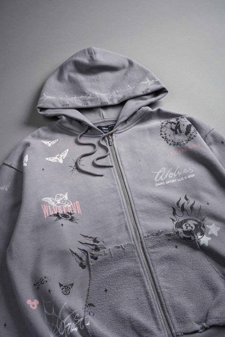 Big Bad Wolves Grunge Moatis Zip Hoodie in Dove Gray Drift Wash