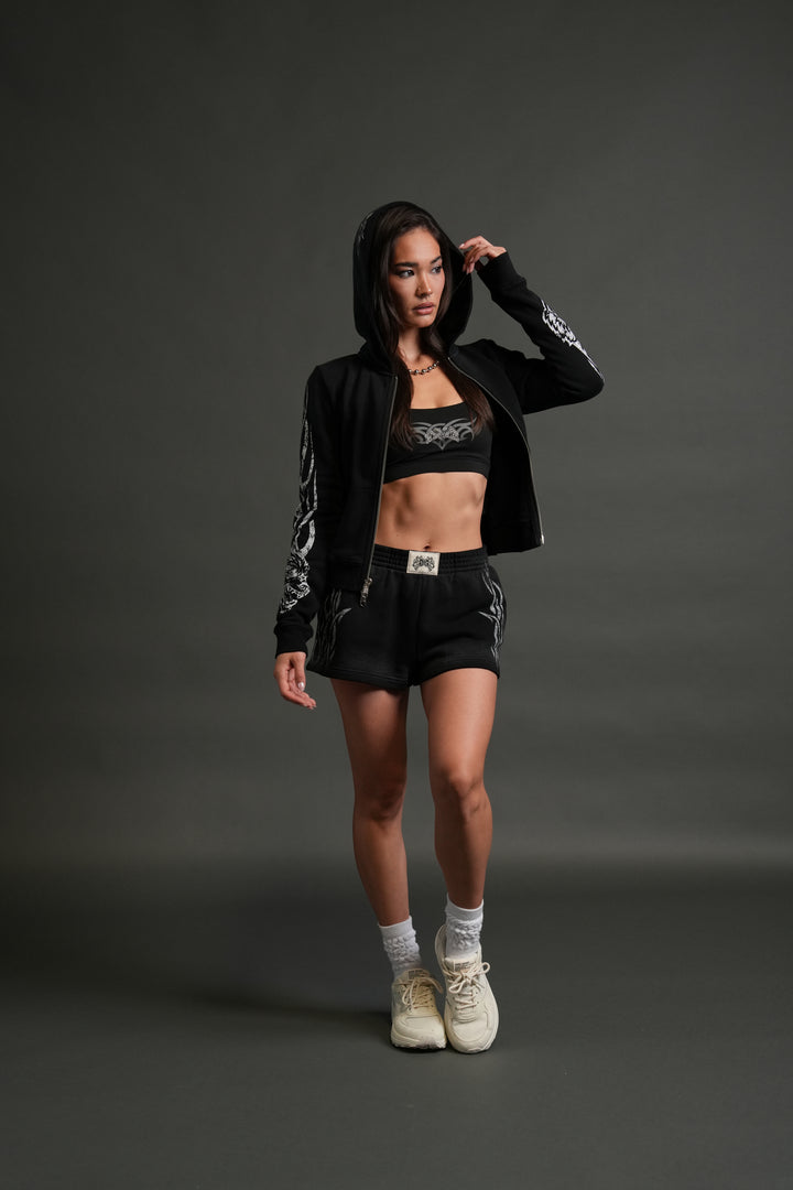 Finite Flame "Iris" Zip Up She Hoodie in Black Drift Wash