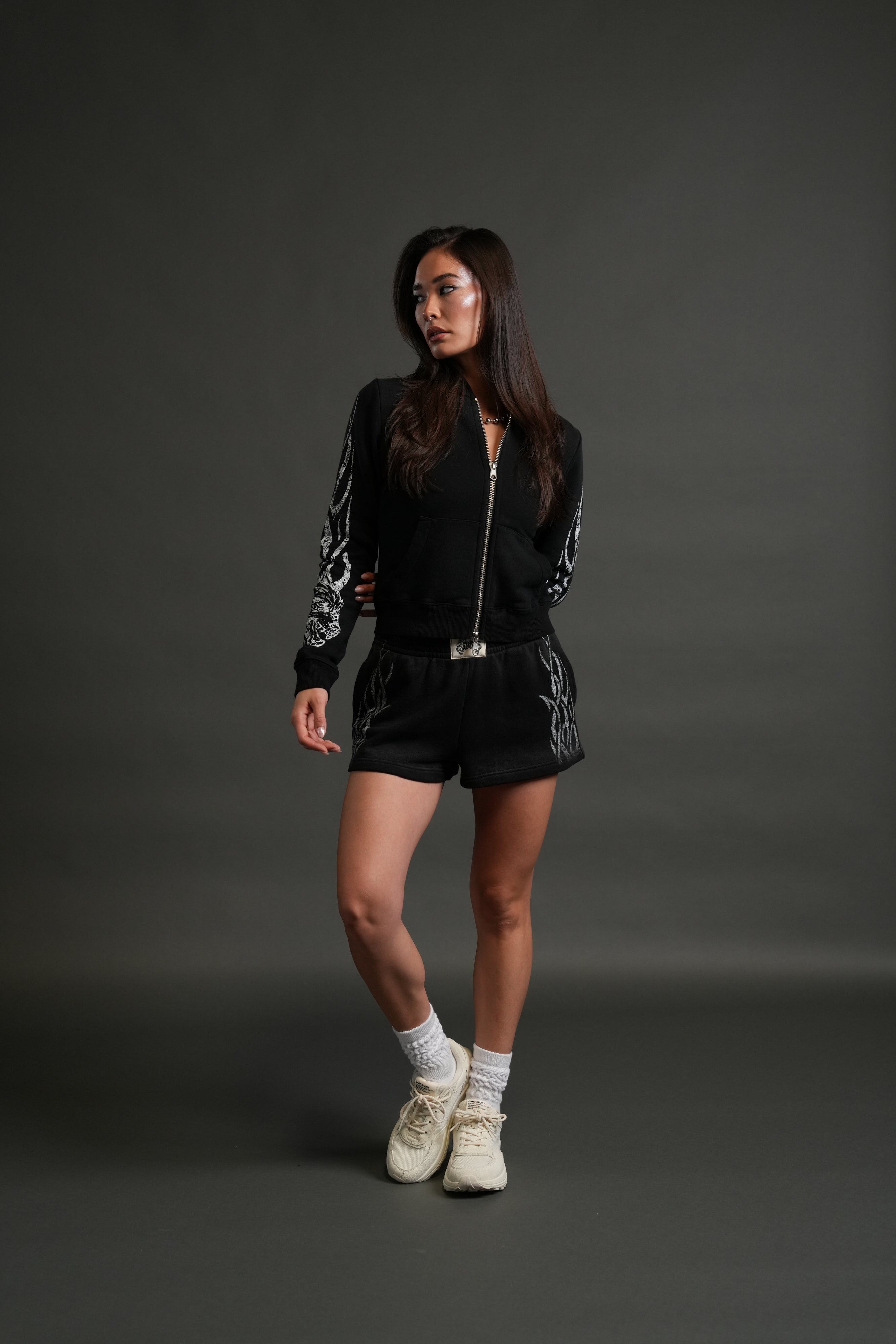 Finite Flame "Iris" Zip Up She Hoodie in Black Drift Wash