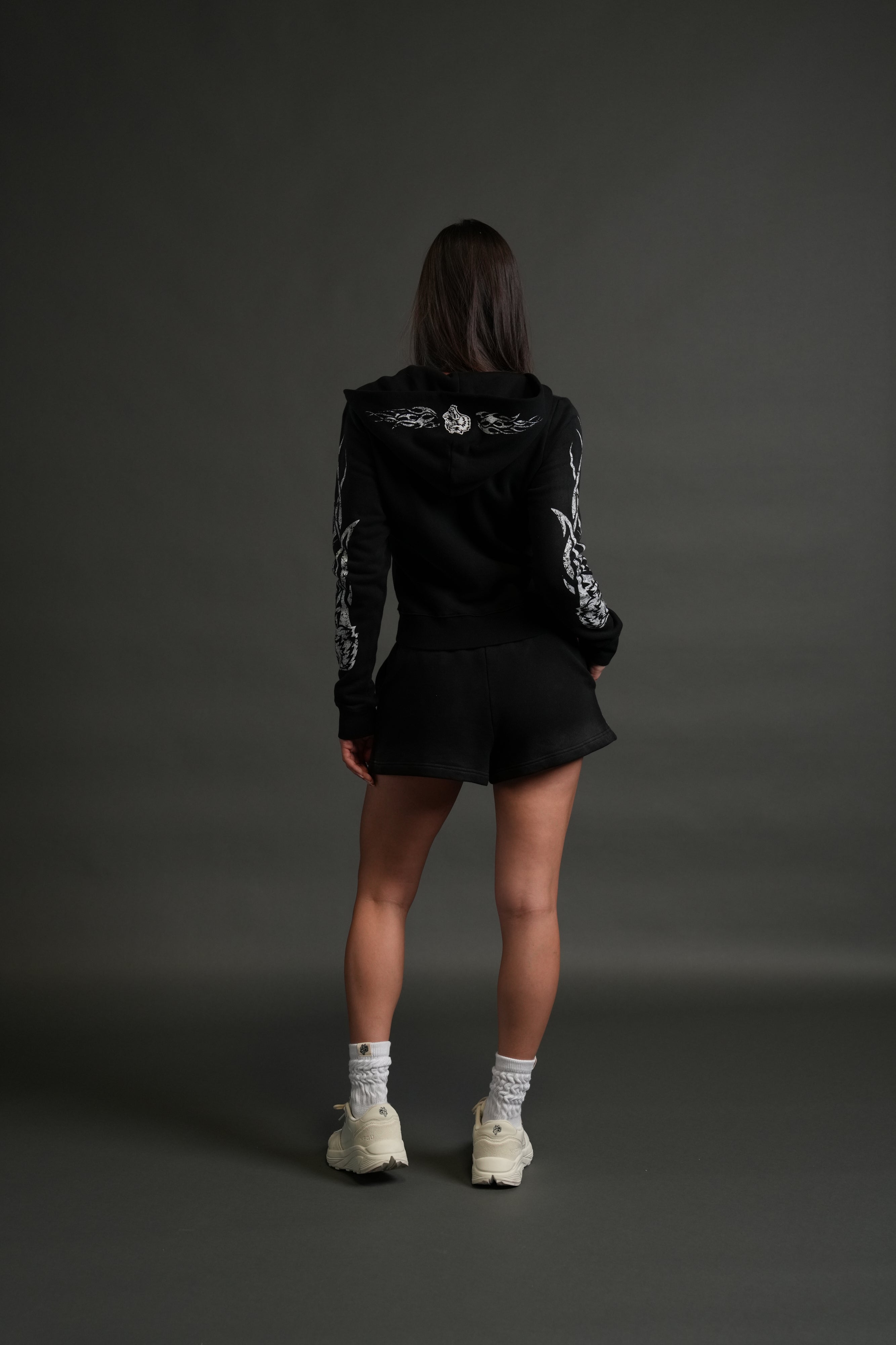 Finite Flame "Iris" Zip Up She Hoodie in Black Drift Wash