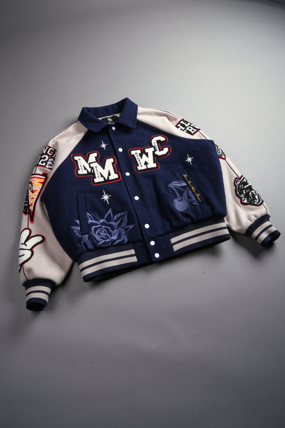 Mickey Mouse Wolves Club Roxy Box Cut Rudy Letterman Jacket in Navy/Clay