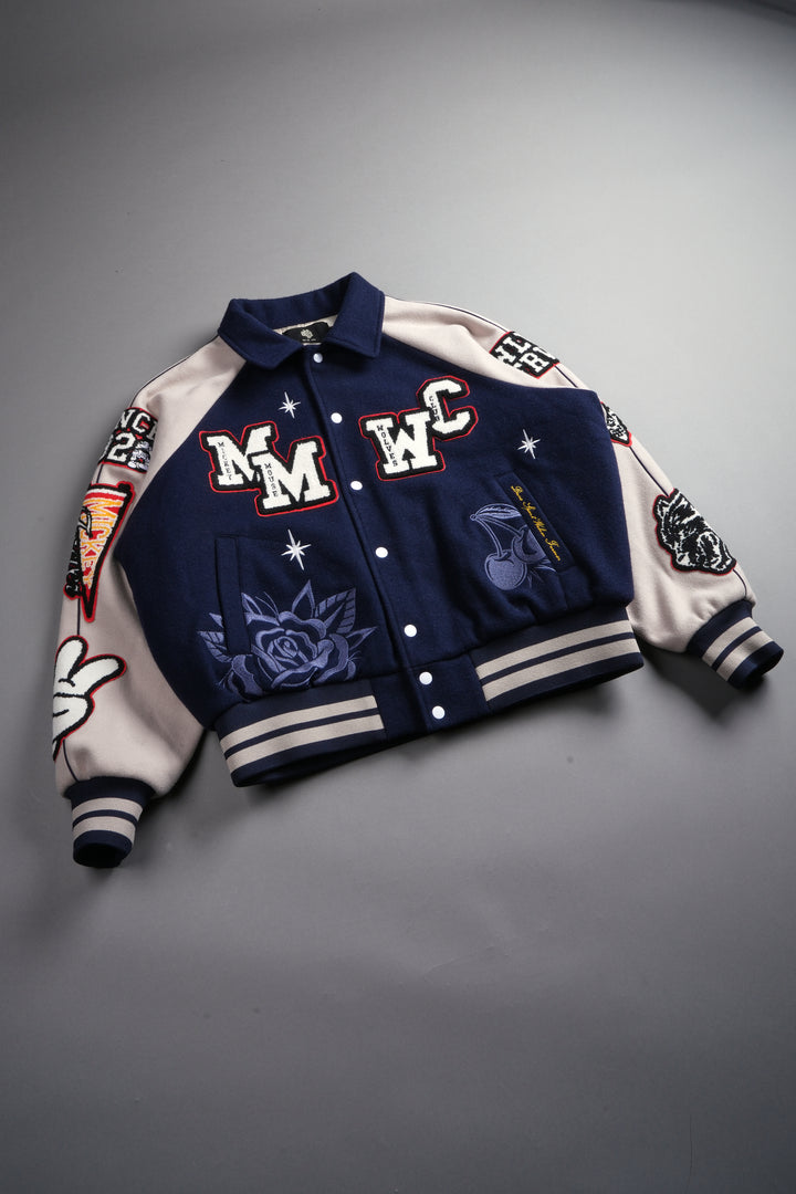 Mickey Mouse Wolves Club Roxy Box Cut Rudy Letterman Jacket in Navy/Clay