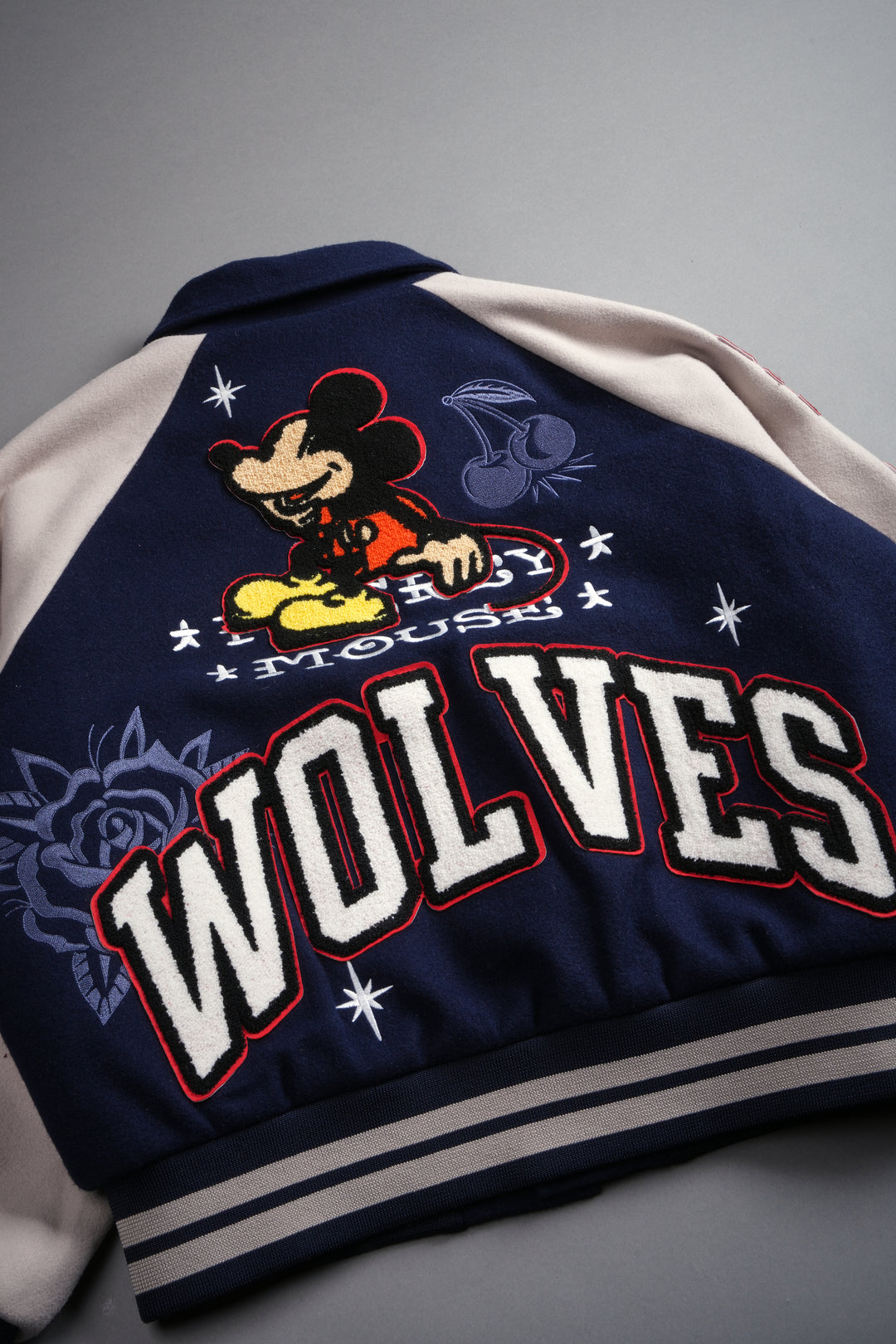 Mickey Mouse Wolves Club Roxy Box Cut Rudy Letterman Jacket in Navy/Clay