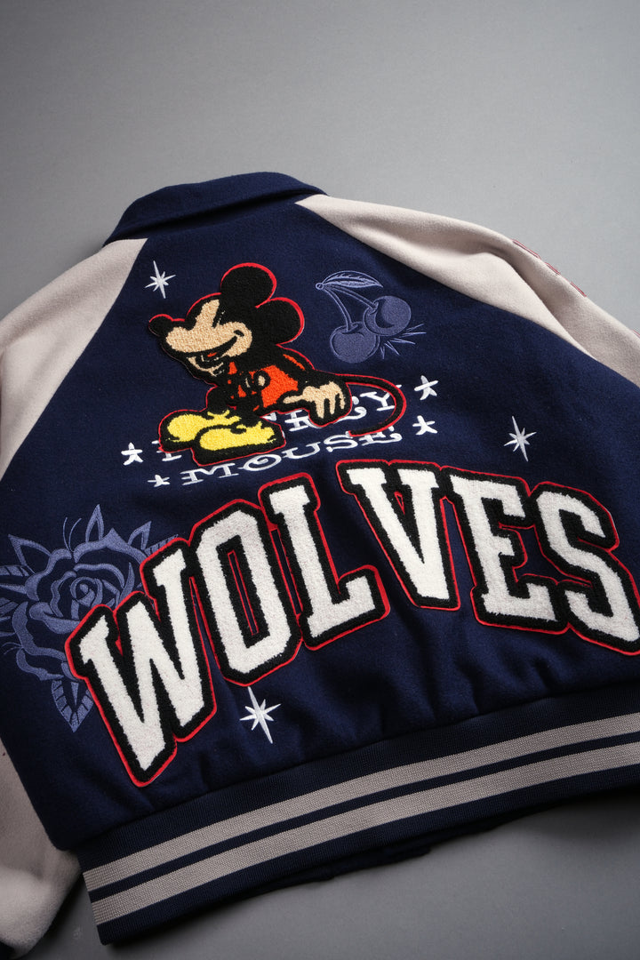 Mickey Mouse Wolves Club Roxy Box Cut Rudy Letterman Jacket in Navy/Clay