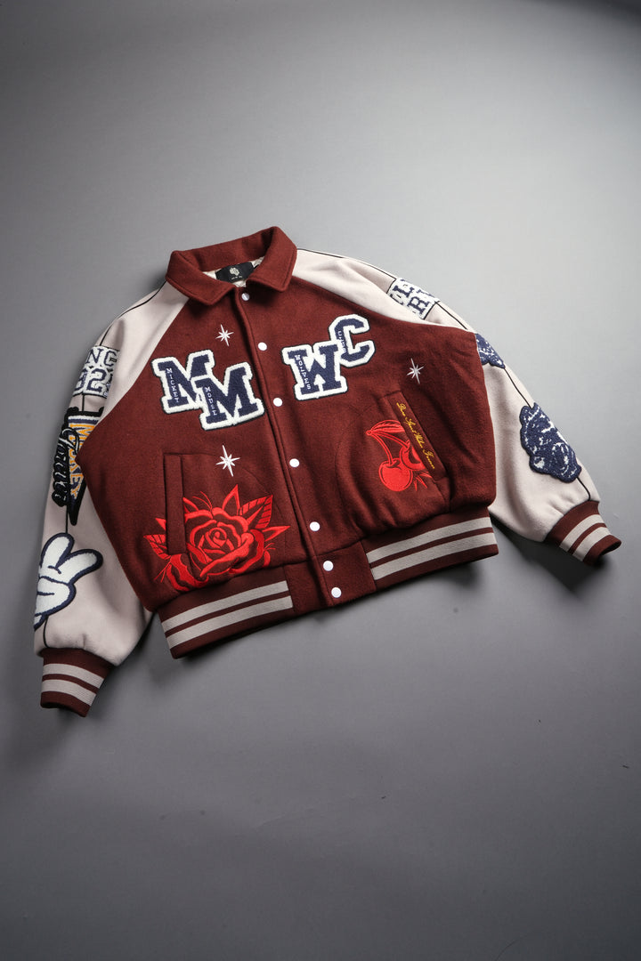 Mickey Mouse Wolves Club Roxy Box Cut Rudy Letterman Jacket in Oxblood/Clay
