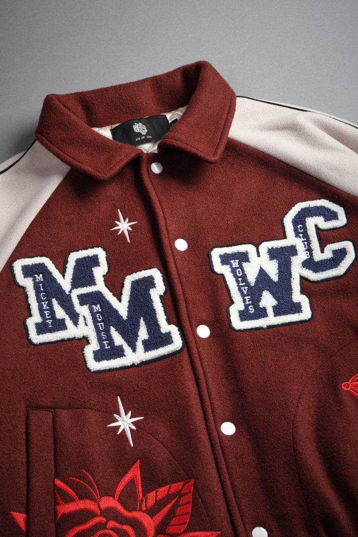 Mickey Mouse Wolves Club Roxy Box Cut Rudy Letterman Jacket in Oxblood/Clay
