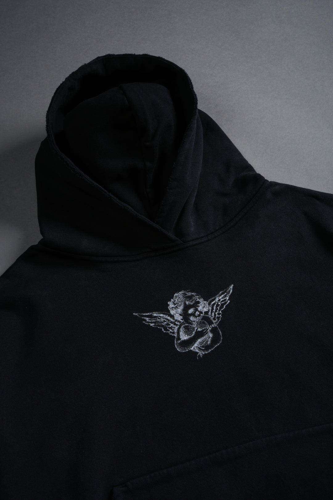 Shielded Heart Destroyed Grunge "Gage Box Cut" Hoodie in Black Drift Wash