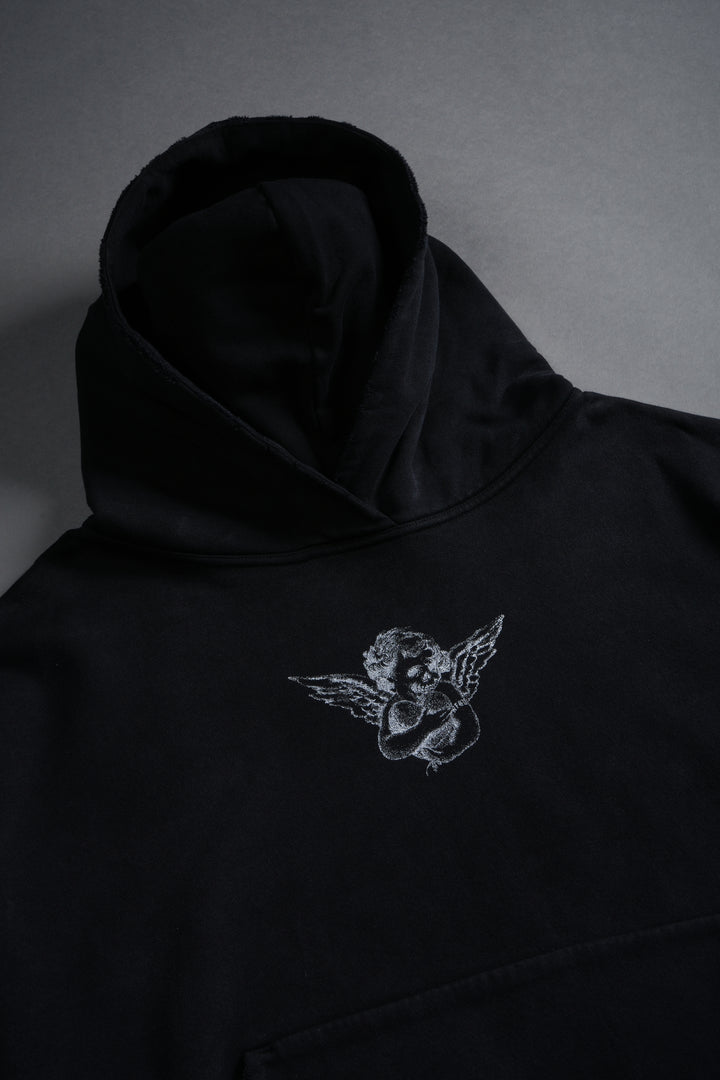 Shielded Heart Destroyed Grunge "Gage Box Cut" Hoodie in Black Drift Wash