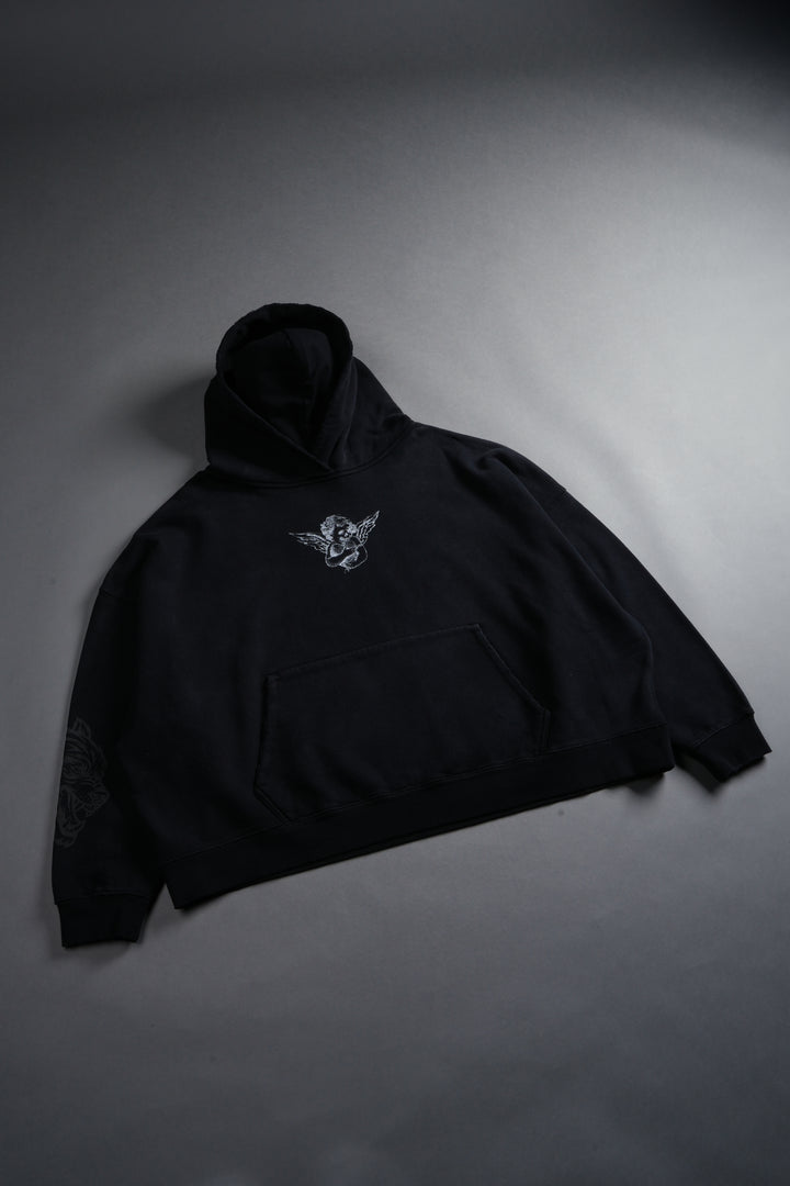 Shielded Heart Destroyed Grunge "Gage Box Cut" Hoodie in Black Drift Wash