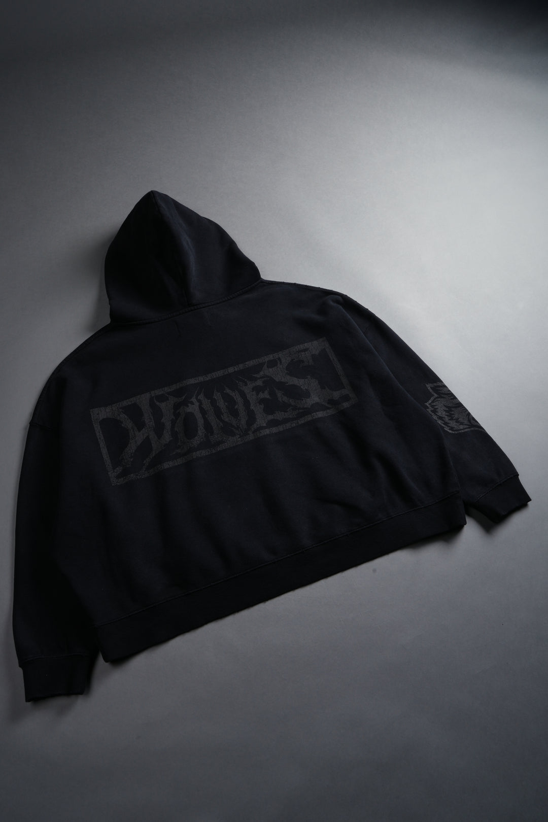 Shielded Heart Destroyed Grunge "Gage Box Cut" Hoodie in Black Drift Wash