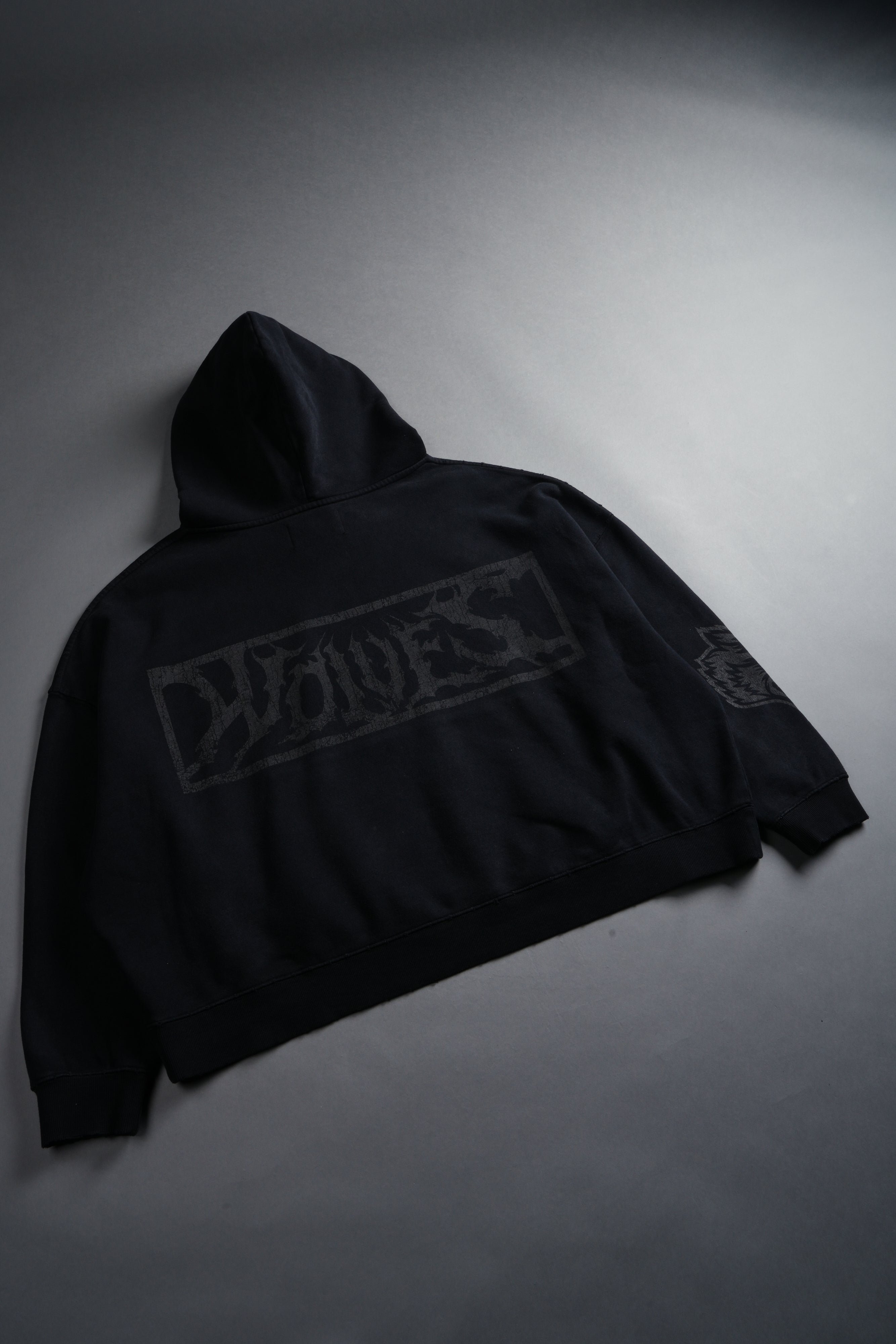 Shielded Heart Destroyed Grunge "Gage Box Cut" Hoodie in Black Drift Wash