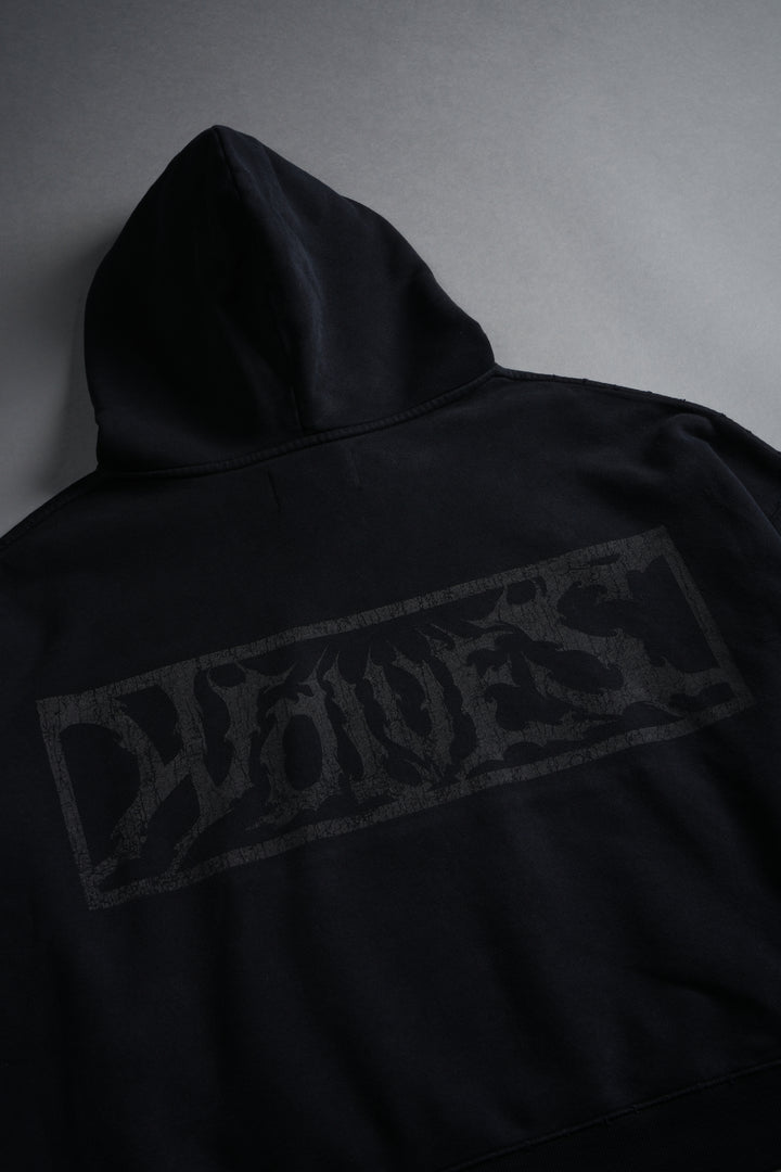 Shielded Heart Destroyed Grunge "Gage Box Cut" Hoodie in Black Drift Wash