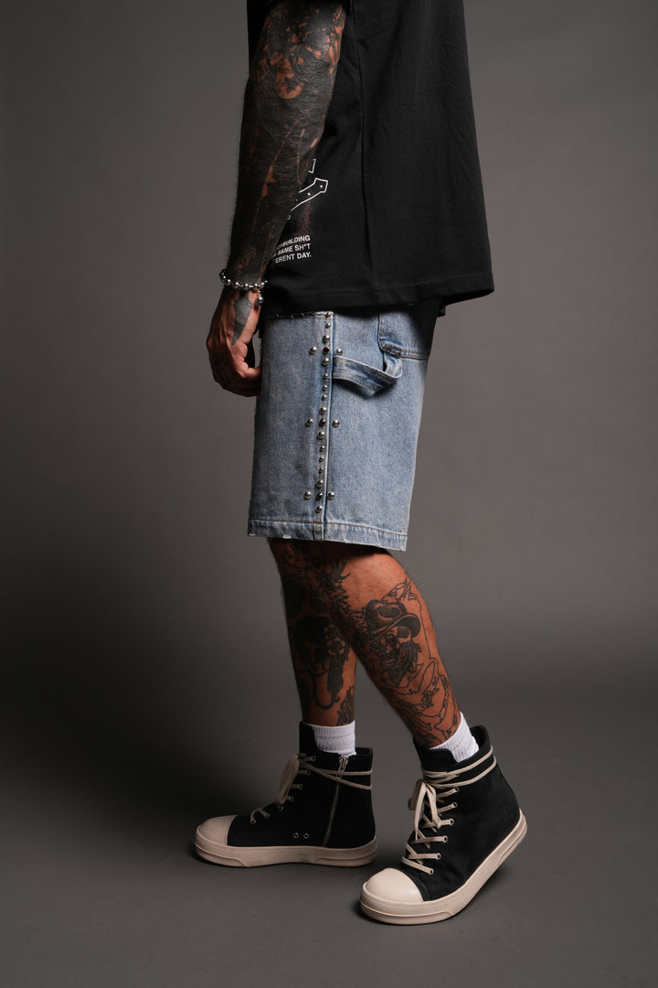 Wolves Heritage Distressed Denim Carpenter Shorts In Light Wash