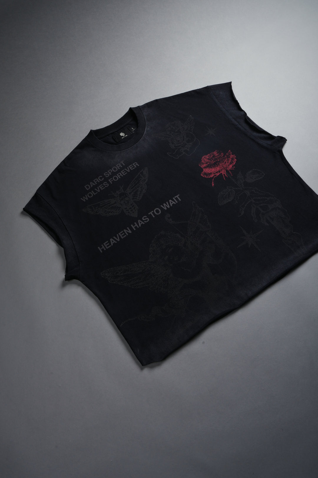 Sacred Flash Grunge Cut-Off Tee in Black Drift Wash