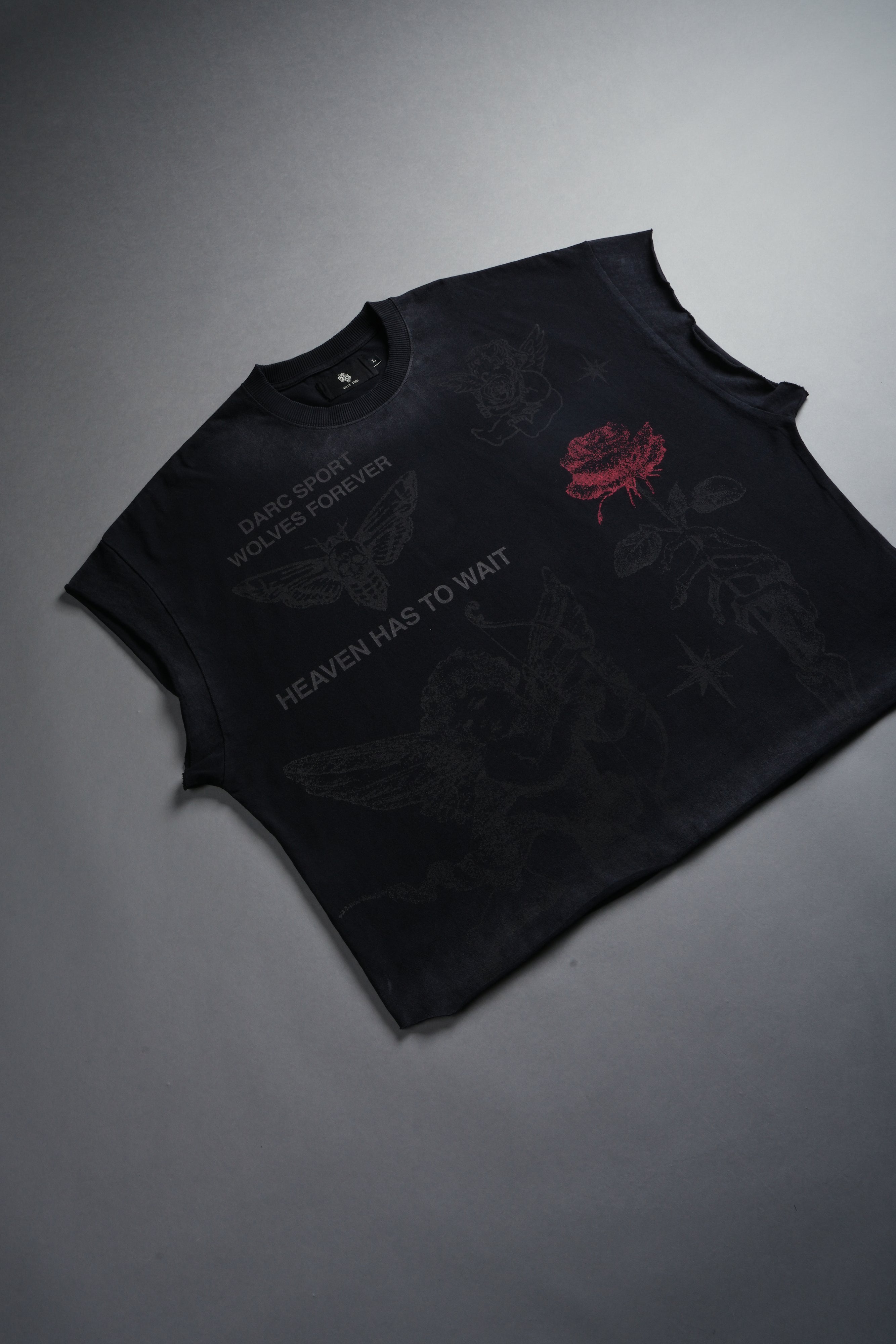 Sacred Flash Grunge Cut-Off Tee in Black Drift Wash