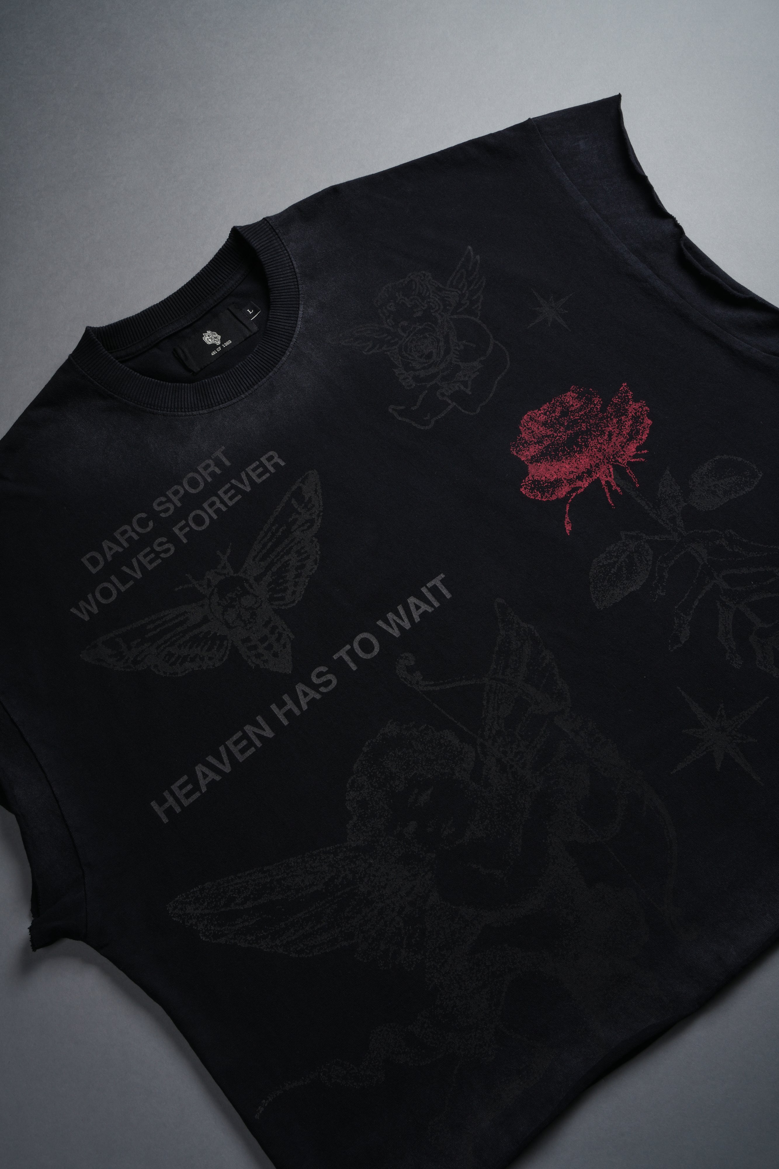 Sacred Flash Grunge Cut-Off Tee in Black Drift Wash