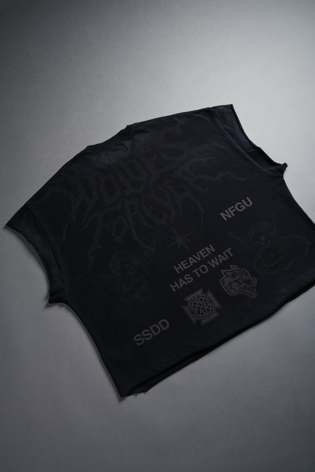 Sacred Flash Grunge Cut-Off Tee in Black Drift Wash