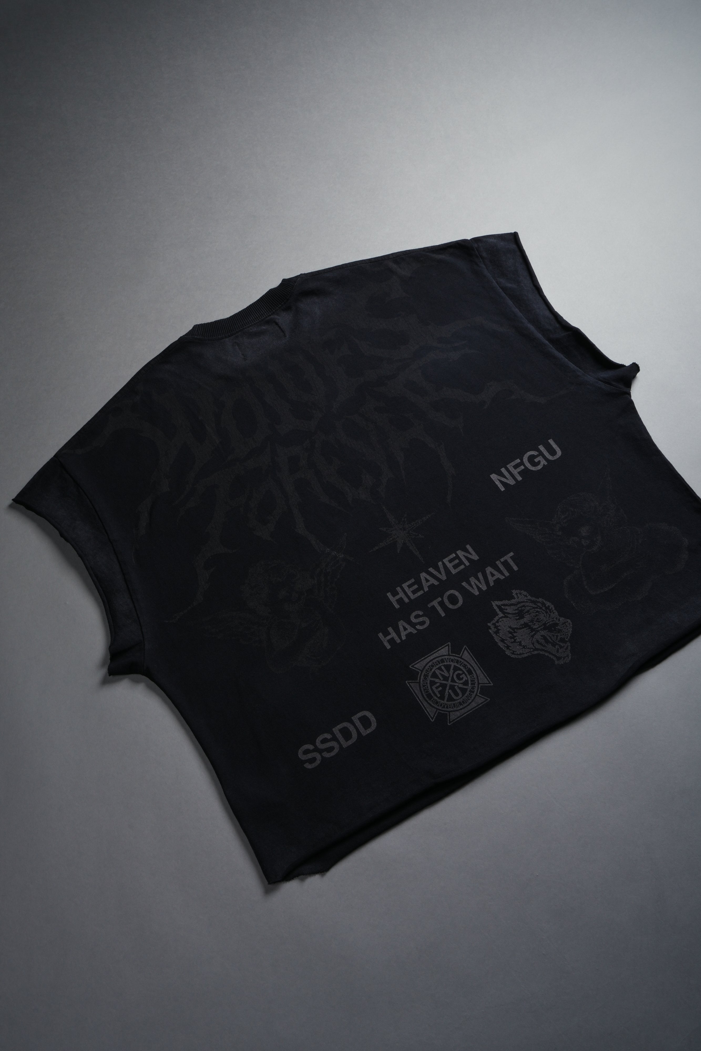 Sacred Flash Grunge Cut-Off Tee in Black Drift Wash