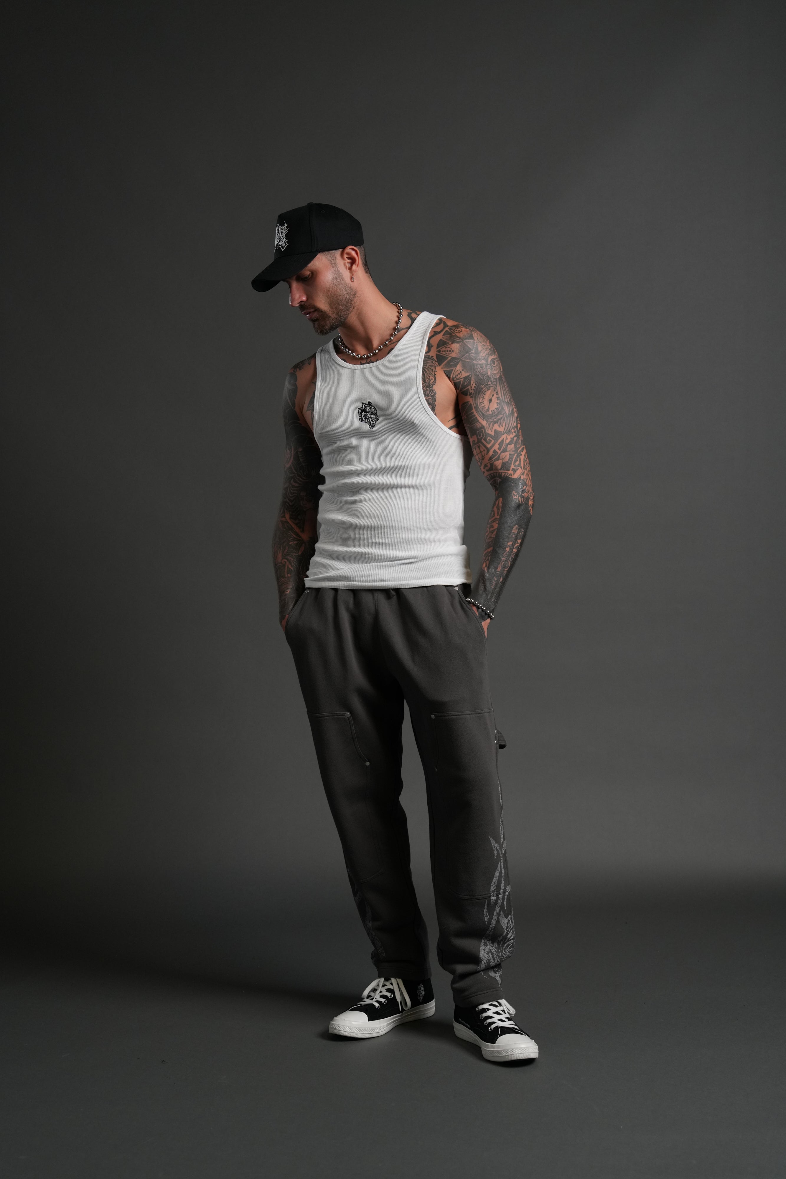 Finite Flame Rivet Fleece Sweat Pants in Wolf Gray