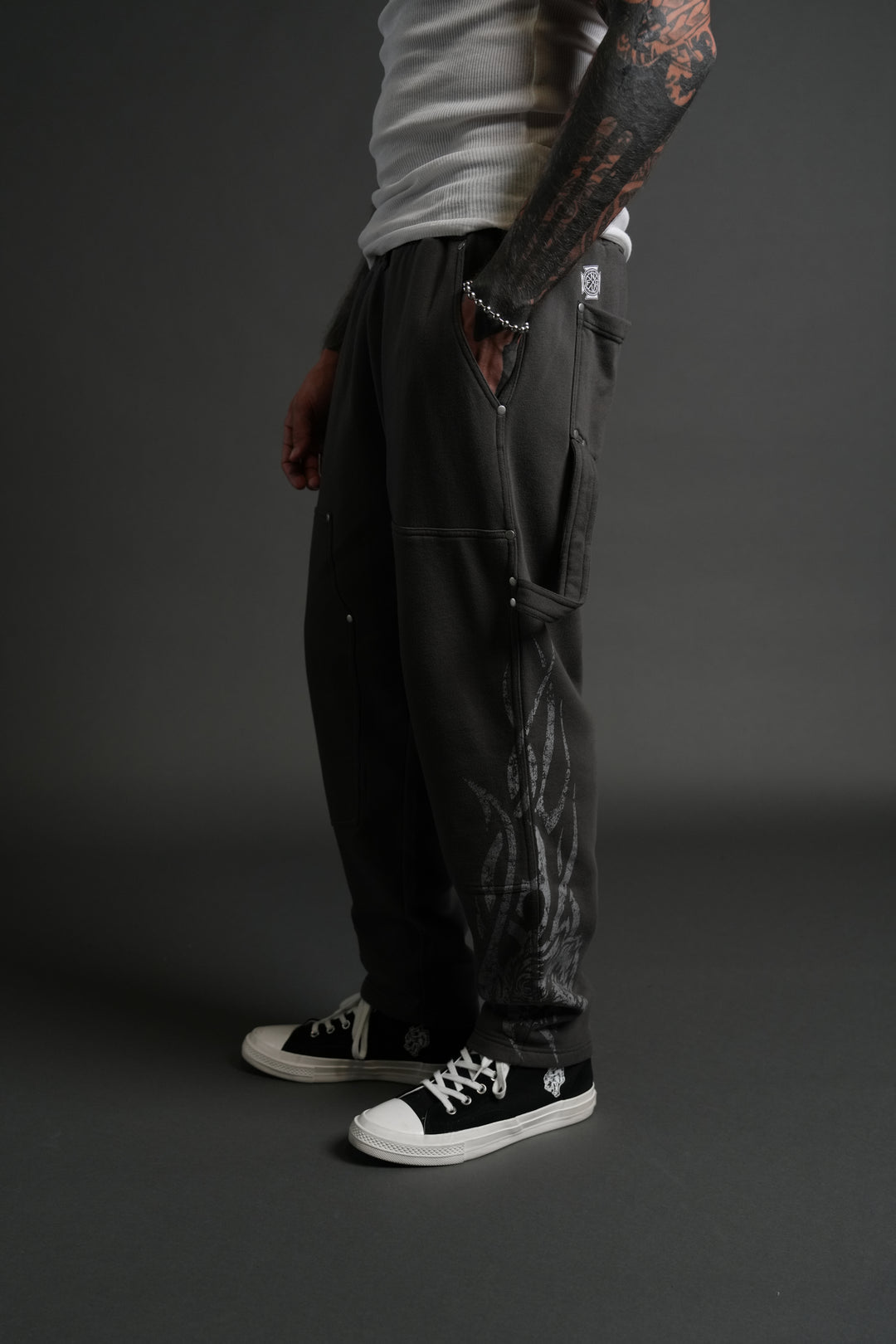 Finite Flame Rivet Fleece Sweat Pants in Wolf Gray