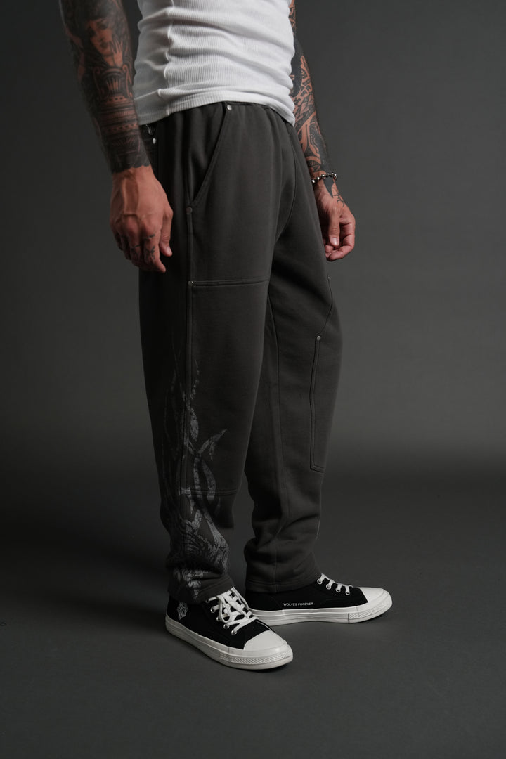 Finite Flame Rivet Fleece Sweat Pants in Wolf Gray
