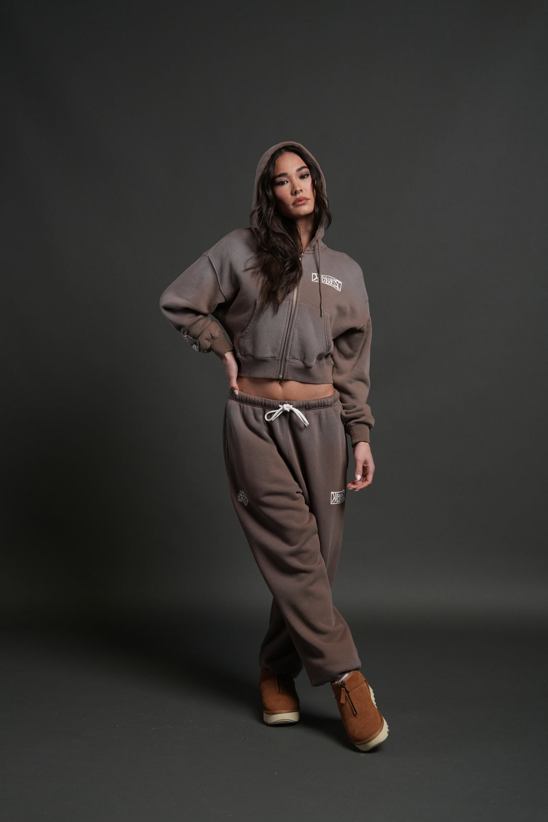 Midnight Wolves "Sage" Cropped Zip Hoodie in Mojave Brown Drift Wash