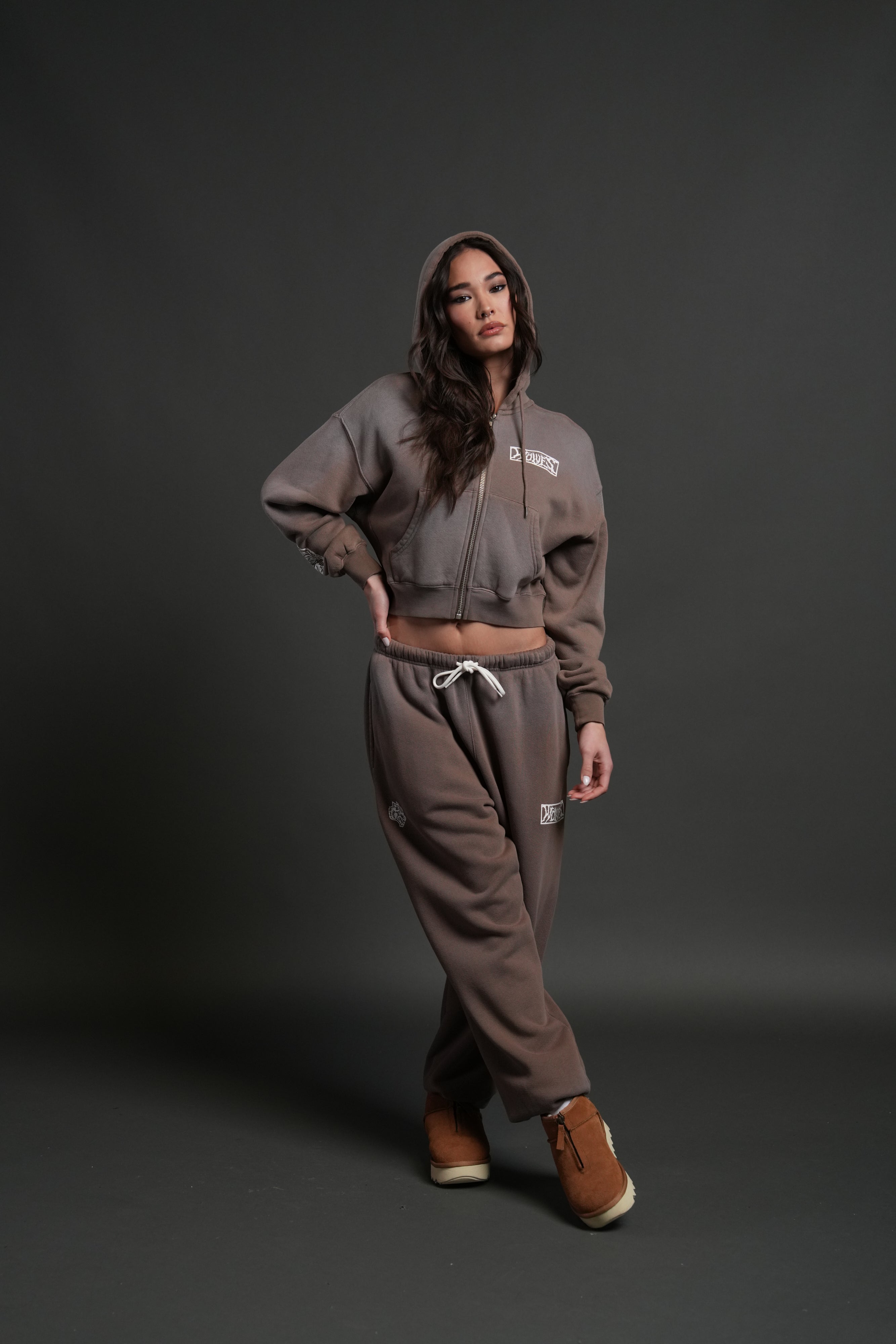 Midnight Wolves "Sage" Cropped Zip Hoodie in Mojave Brown Drift Wash