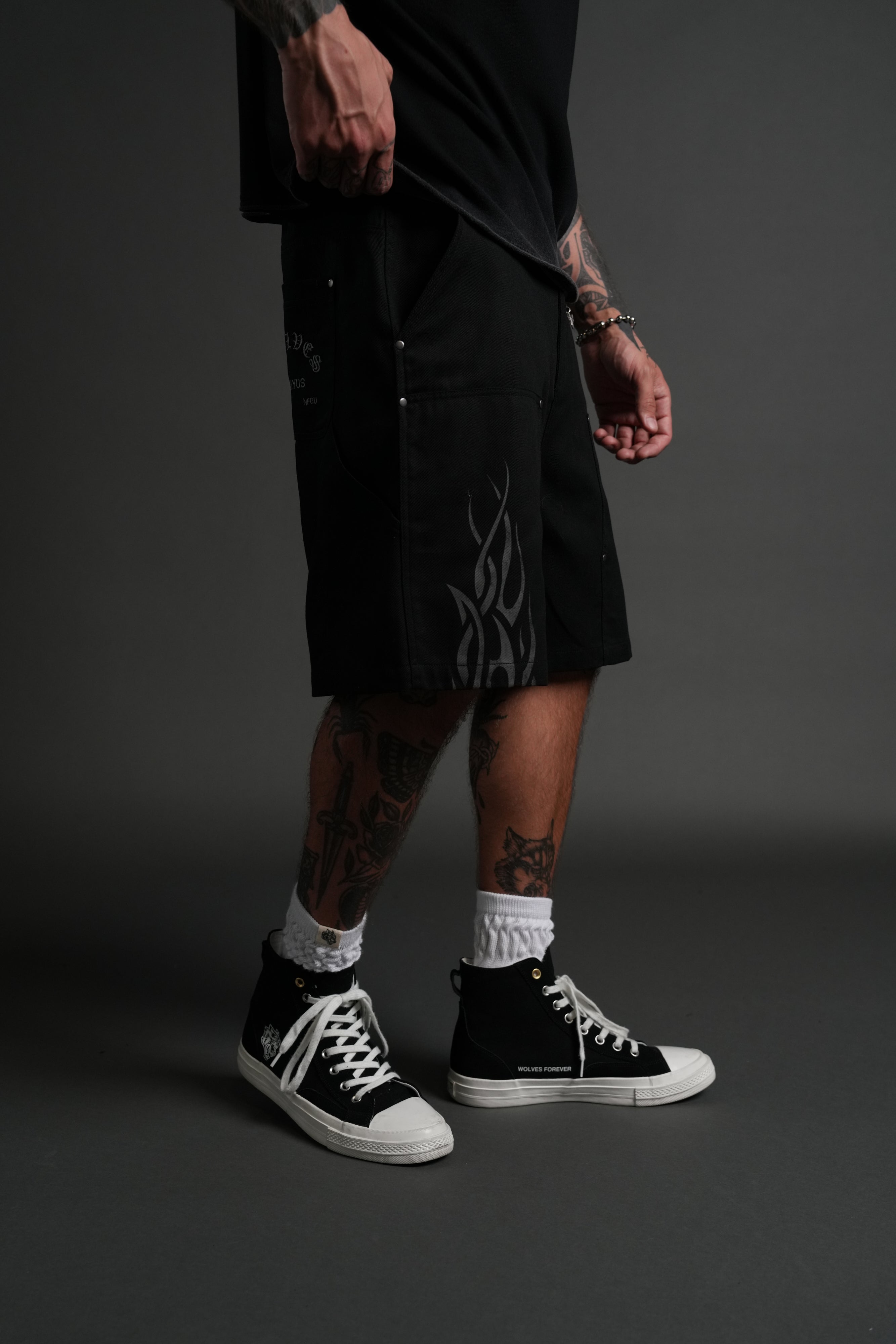 Finite Flame Oversized Clark Utility Shorts in Black