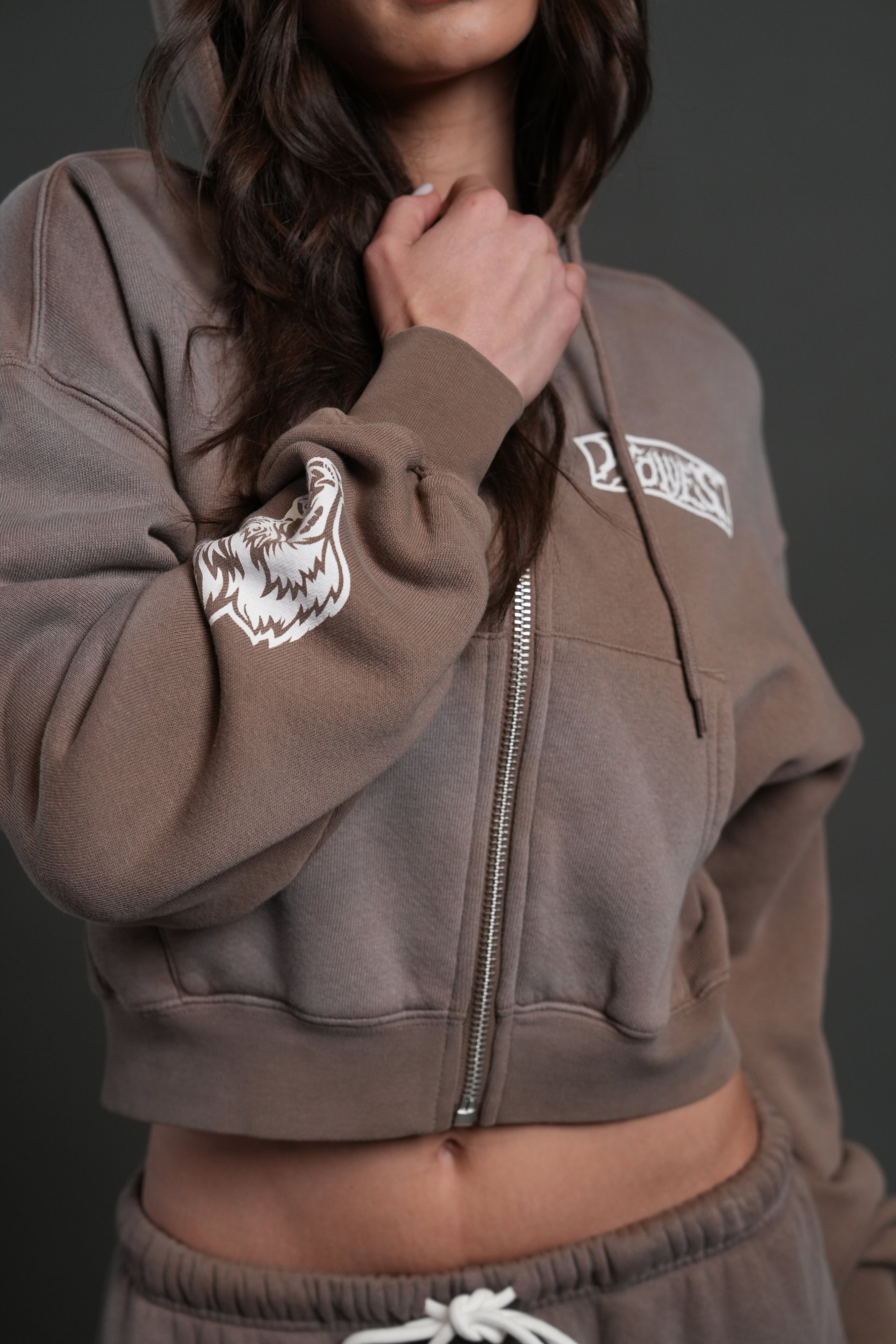 Midnight Wolves "Sage" Cropped Zip Hoodie in Mojave Brown Drift Wash