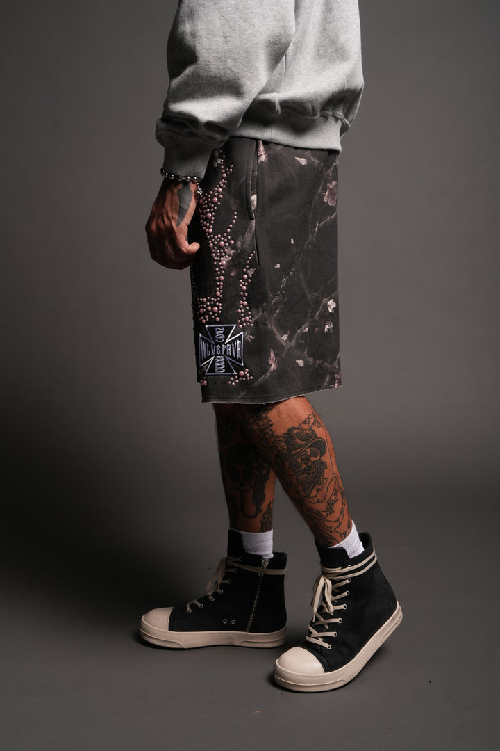Midnight Bloom Raw Hem Oversized Post Lounge Sweat Shorts In All Of Us Camo