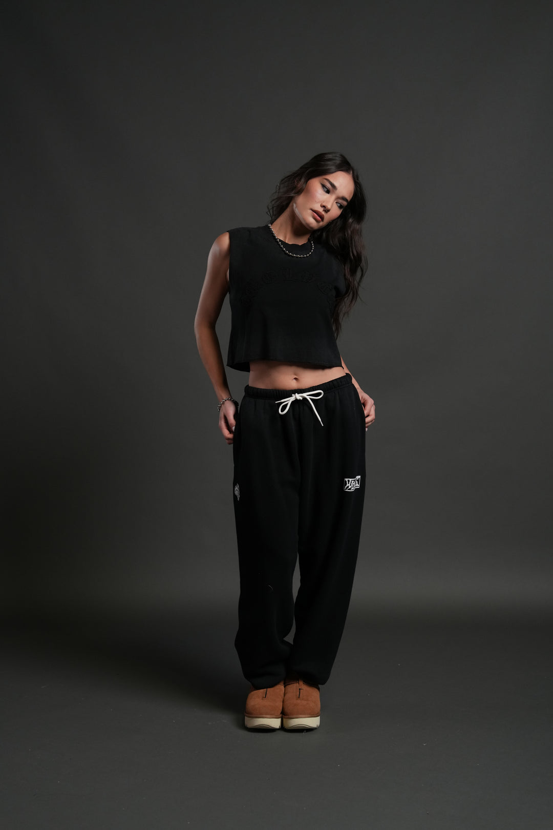 Chopper Applique "Grunge" Cropped Muscle Tee in Black Drift Wash