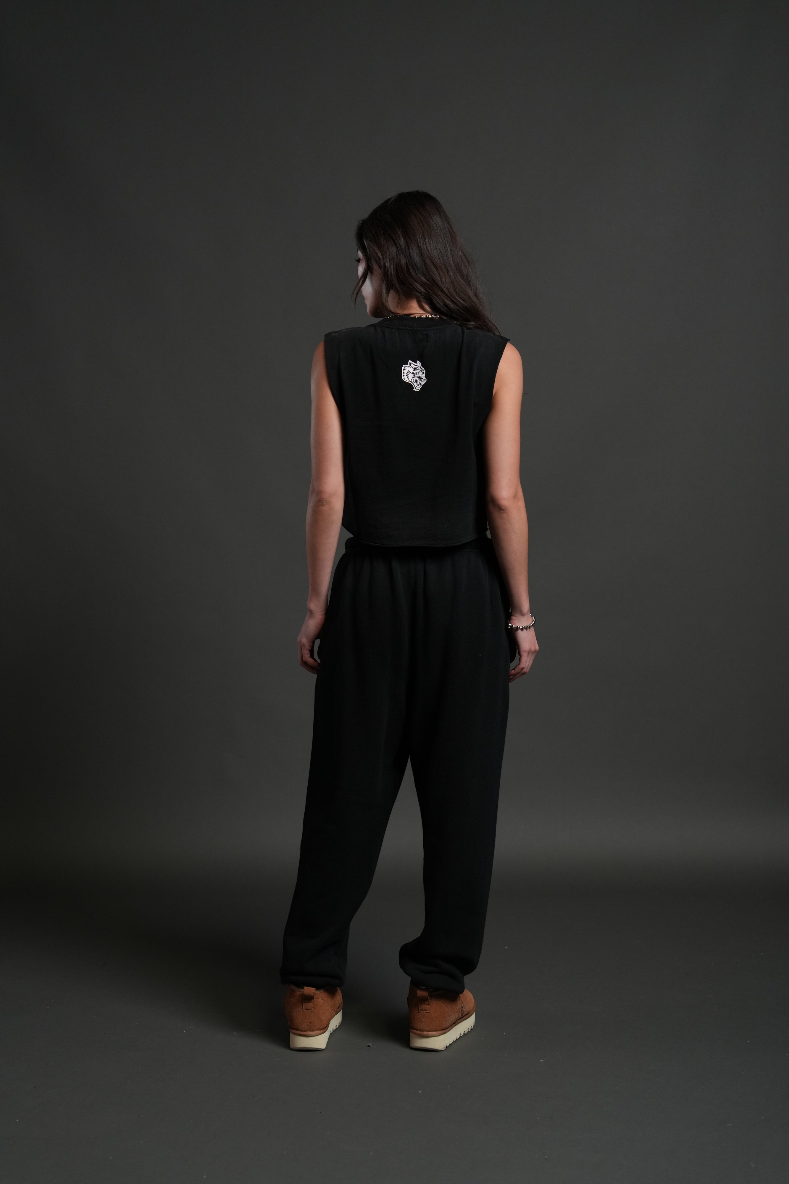 Chopper Applique "Grunge" Cropped Muscle Tee in Black Drift Wash