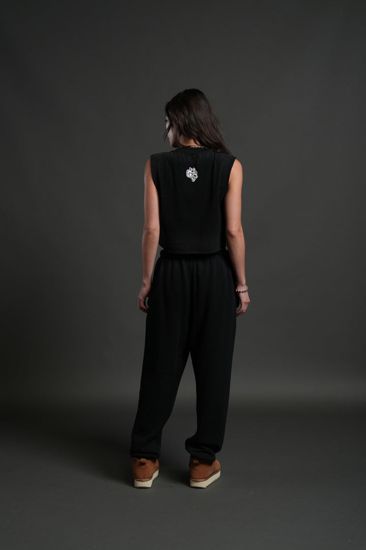 Chopper Applique "Grunge" Cropped Muscle Tee in Black Drift Wash