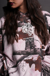Wolves Have Your Back "Box Cut" Hoodie in Baby Pink Woodland Camo