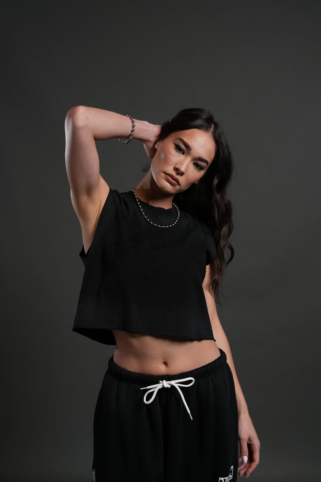 Chopper Applique "Grunge" Cropped Muscle Tee in Black Drift Wash