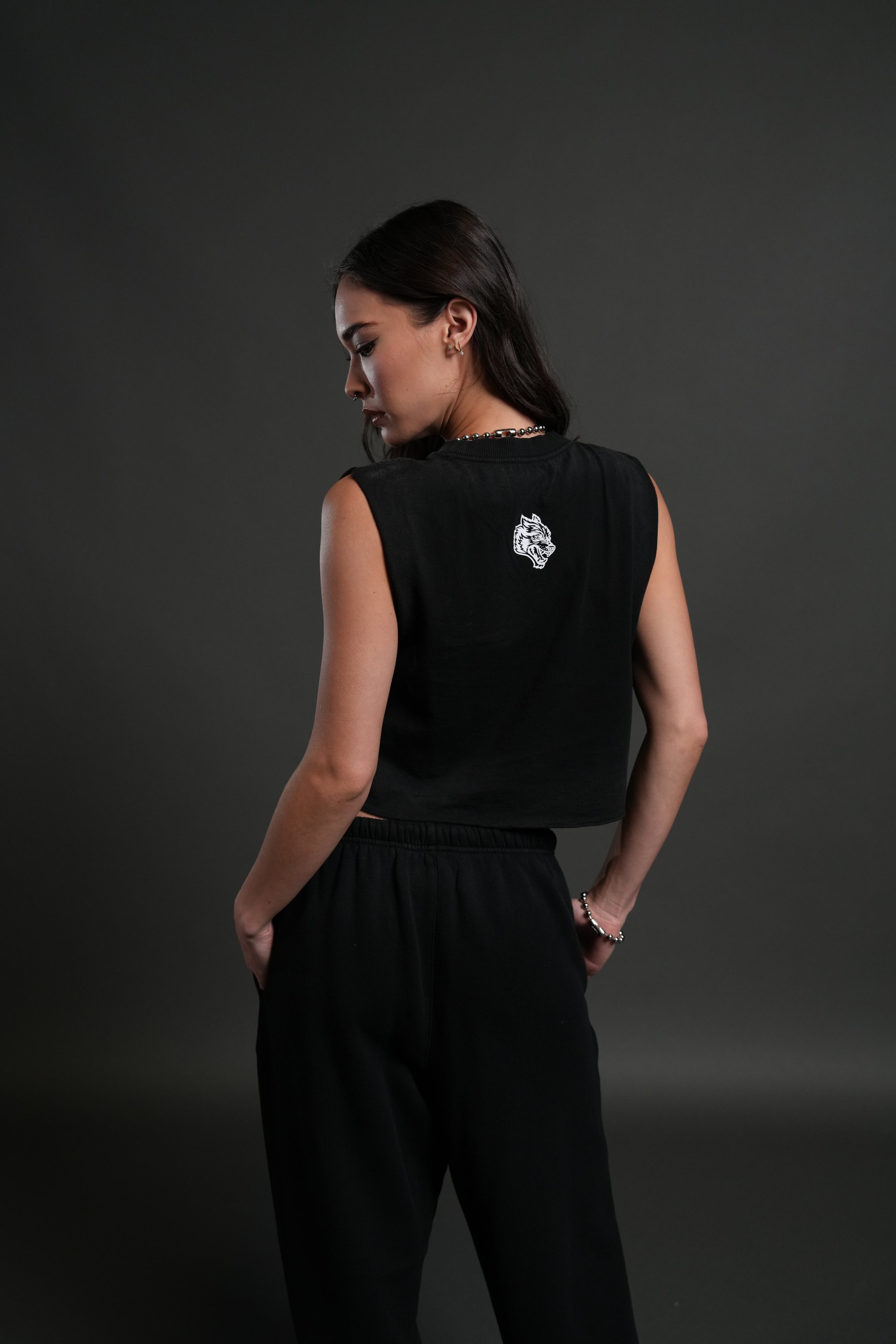 Chopper Applique "Grunge" Cropped Muscle Tee in Black Drift Wash