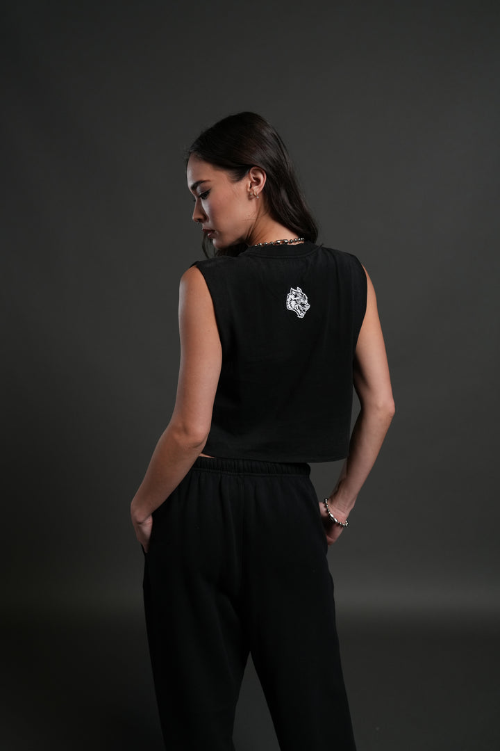 Chopper Applique "Grunge" Cropped Muscle Tee in Black Drift Wash