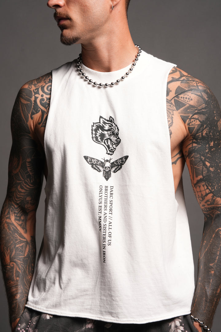 Big Wolf Head Grunge Raw Hem Box Cut Tommy Muscle Tee In Cream