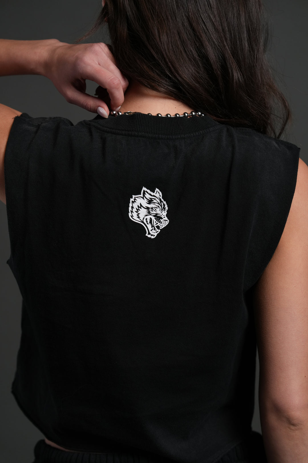 Chopper Applique "Grunge" Cropped Muscle Tee in Black Drift Wash