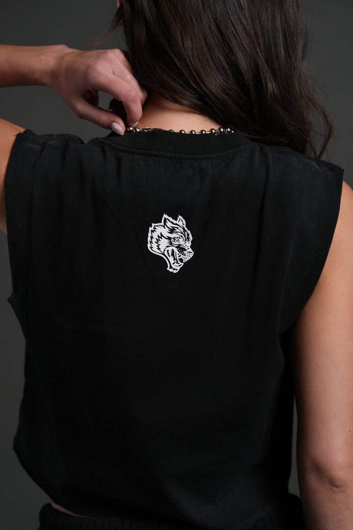 Chopper Applique "Grunge" Cropped Muscle Tee in Black Drift Wash