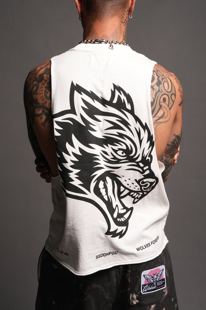 Big Wolf Head Grunge Raw Hem Box Cut Tommy Muscle Tee In Cream