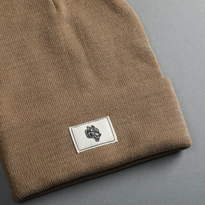 Wolf Patch Hard Work Beanie in Taupe