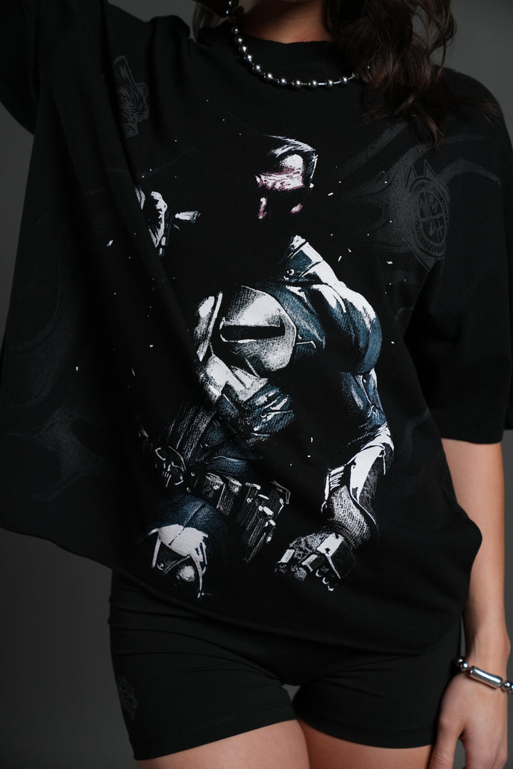 Punisher Grunge Mid-Length Raw Hem Tee in Black