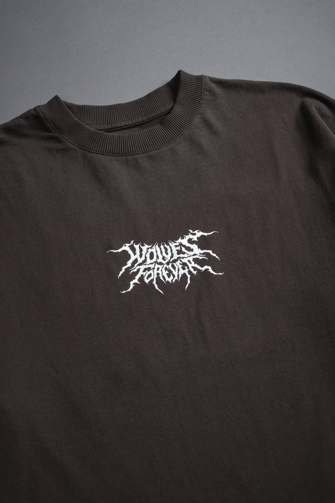 Work In Silence NFGU Grunge Mid Length Raw Hem Tee in Darc Brown Drift Wash