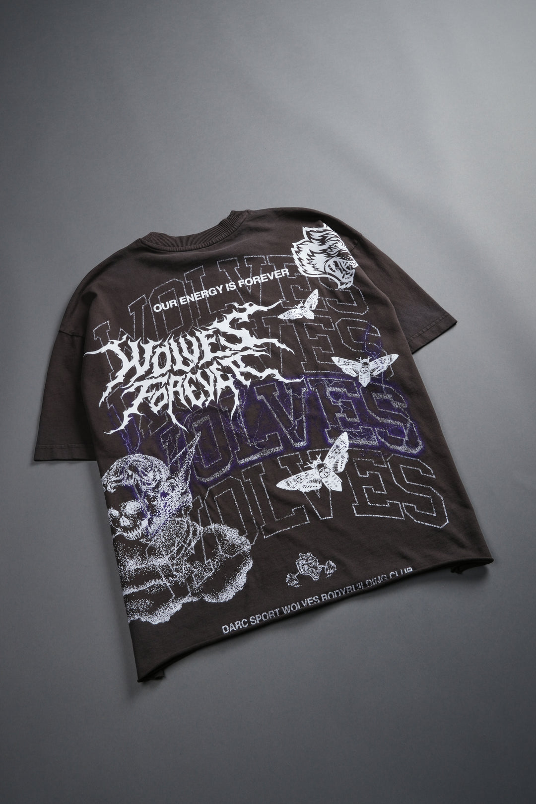 Work In Silence NFGU Grunge Mid Length Raw Hem Tee in Darc Brown Drift Wash