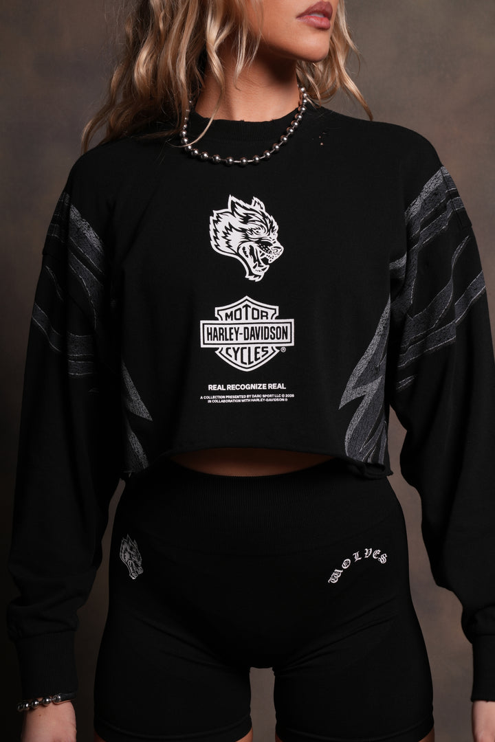 Real Recognize Real Distressed Oversized Cropped L/S Tee in Black