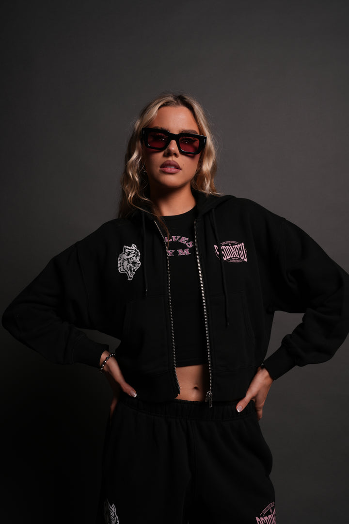 SSDDNFGU FRVR "Sage" Cropped Zip Hoodie in Black