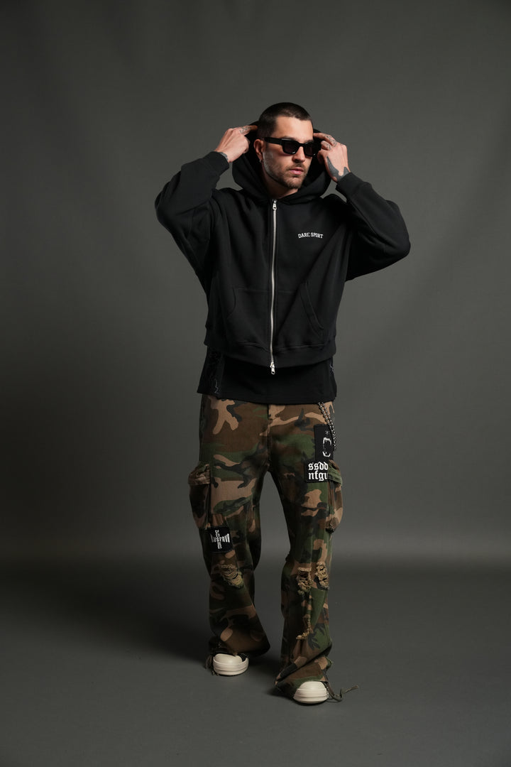Inner Wolf Vex Double Zip Hoodie in Black