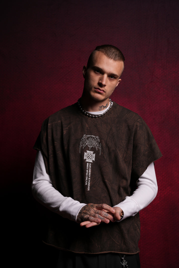 Mourning Star "Grunge" Cut Off Tee in Brown Driftwood Forest Camo
