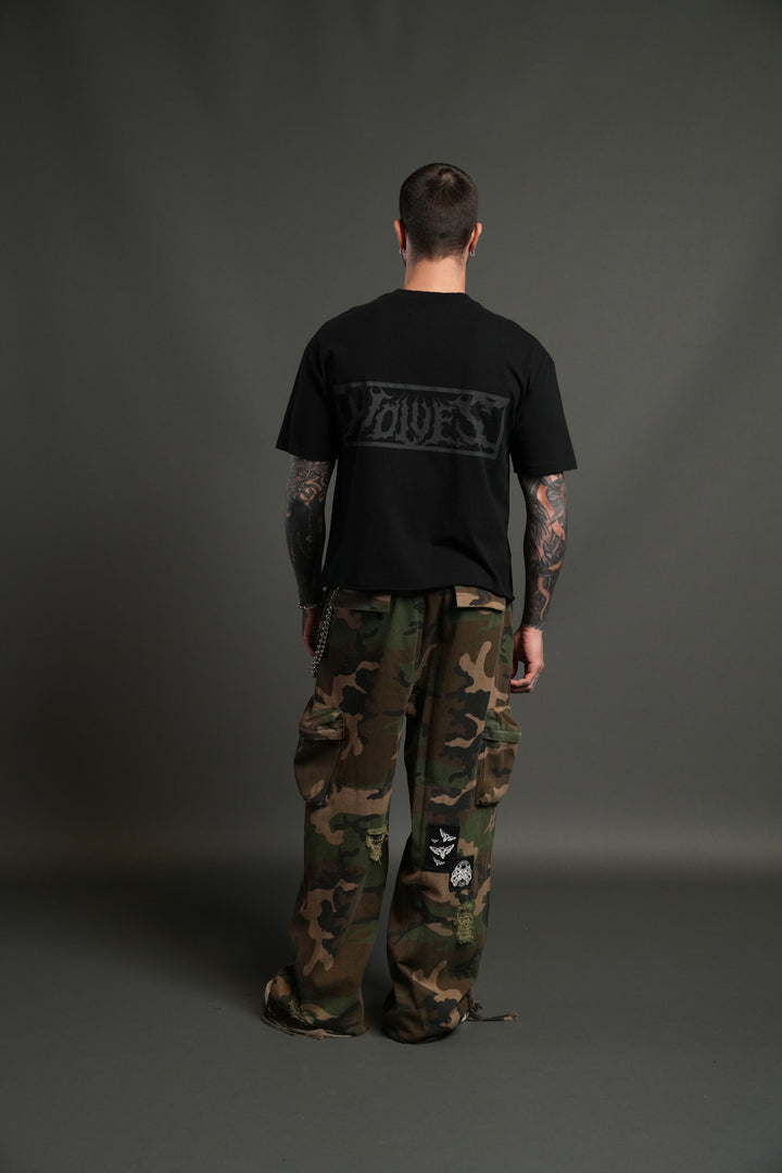 Punisher Grunge Mid-Length Raw Hem Tee in Black